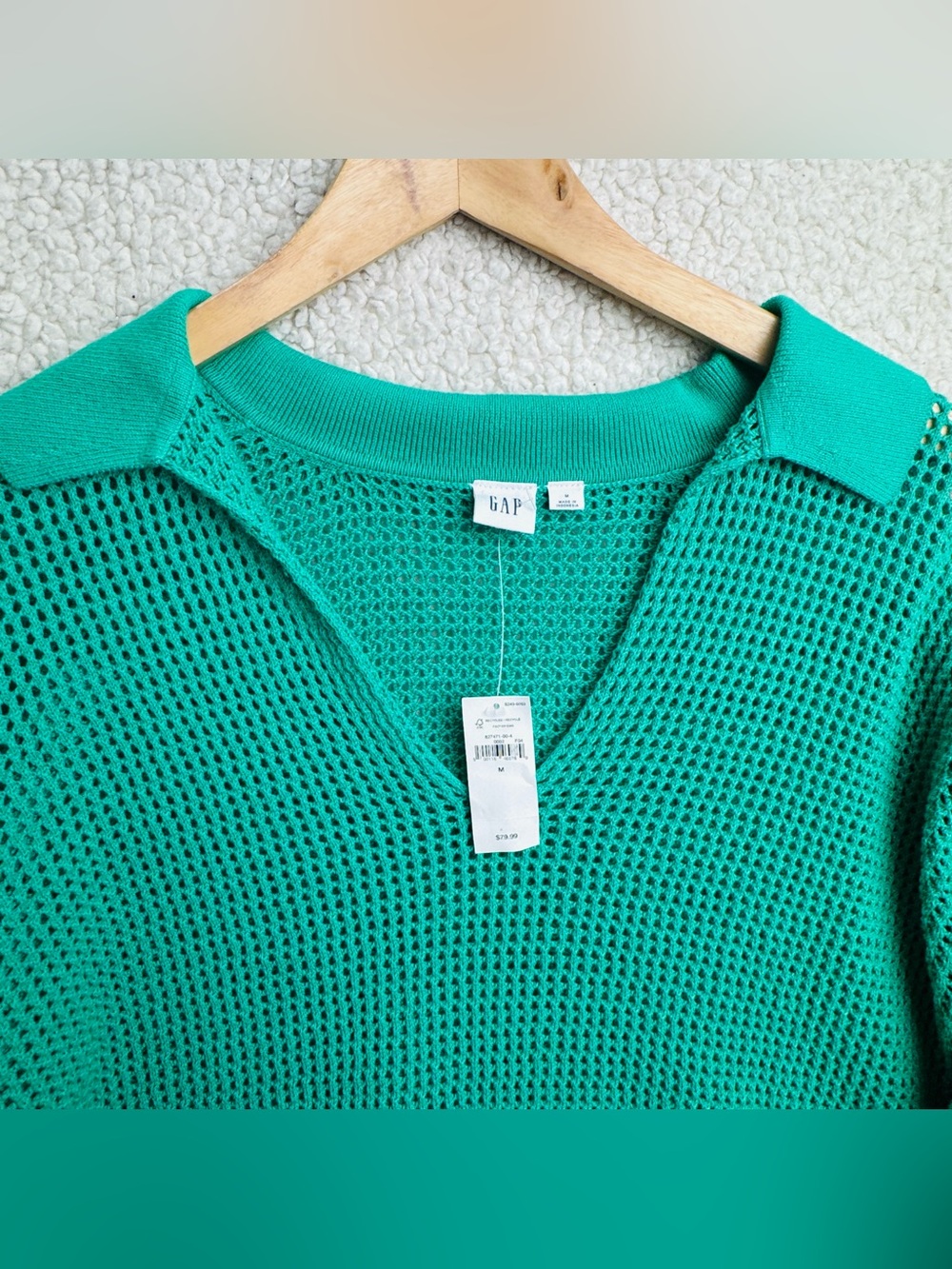 Green Open Knit Polo Sweater 100% Cotton Coastal Grandmacore Quiet Luxury Casual - Picture 4 of 6